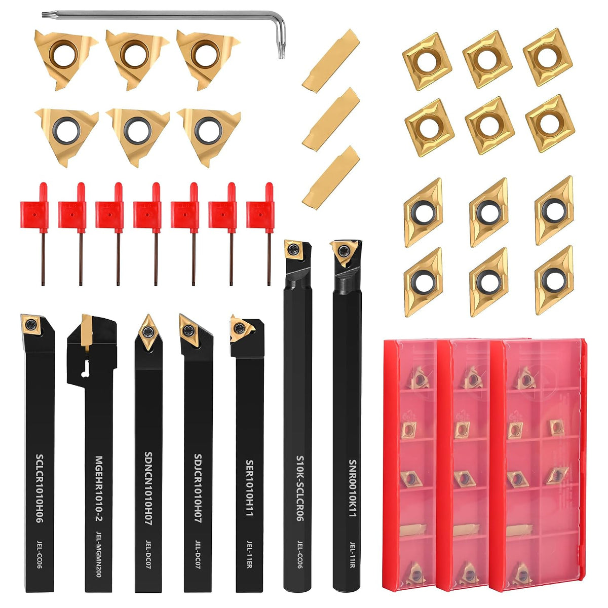 VerRich 28PCS Kit Indexable Lathe Turning Tools,7PCS 3/8"10mm Shank Boring Bar Metal Turning Tool Holder with 21PCS Carbide Inserts for Boring Cutting Grooving Turning Threading