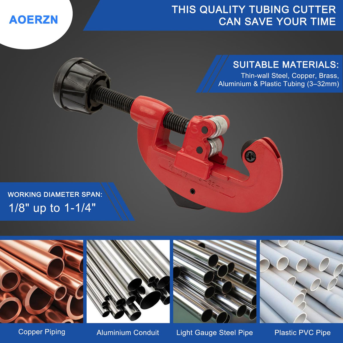 Aoerzn Premium Tubing Cutter 1/8"-1-1/4", With Reamer & Replacement Wheel