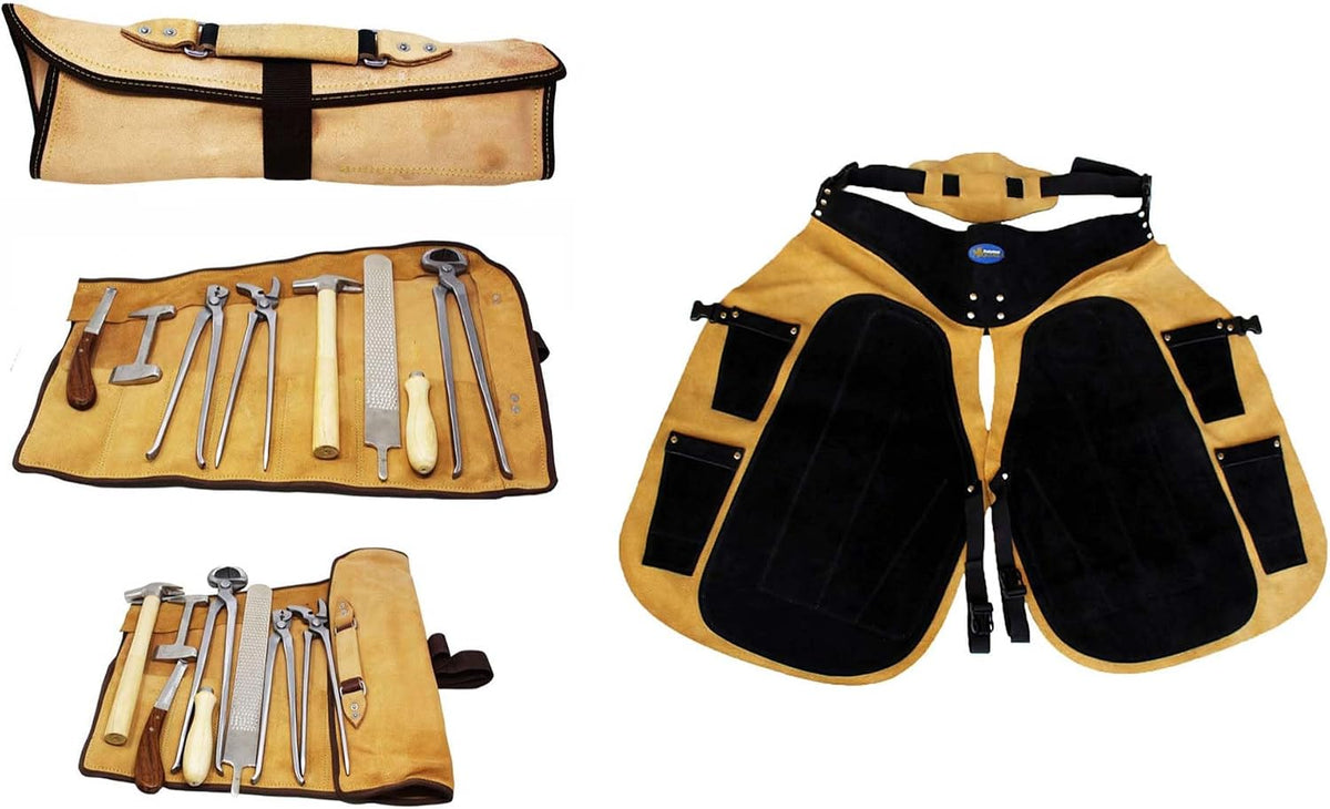 8 Piece Horse Shoe Farrier Hoof Grooming Tool Kit Carry Bag Apron Leather 98479