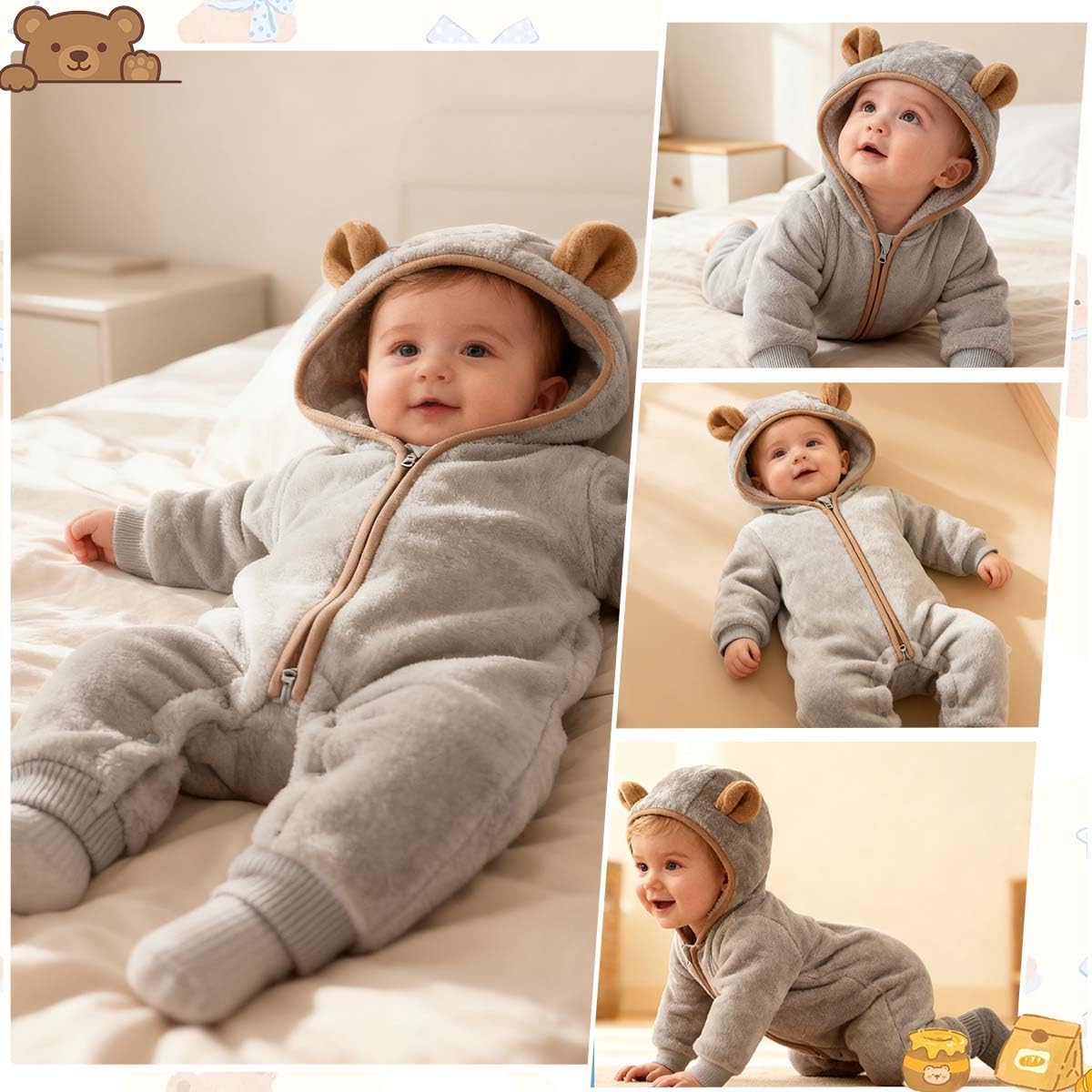 Newborn Baby Bear Outfit Suit Thin Fleece Jumpsuit Romper Hooded Winter Clothes Snowsuit Coat Infant Girls Boys