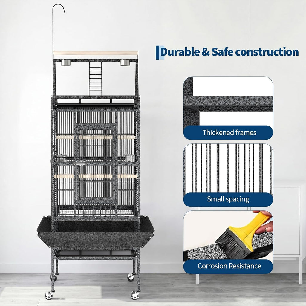 Extra Large 82" Parrot Cage with Play Top – Heavy Duty Wrought Iron Aviary, Rolling Stand, Secure Lock, Easy-Clean