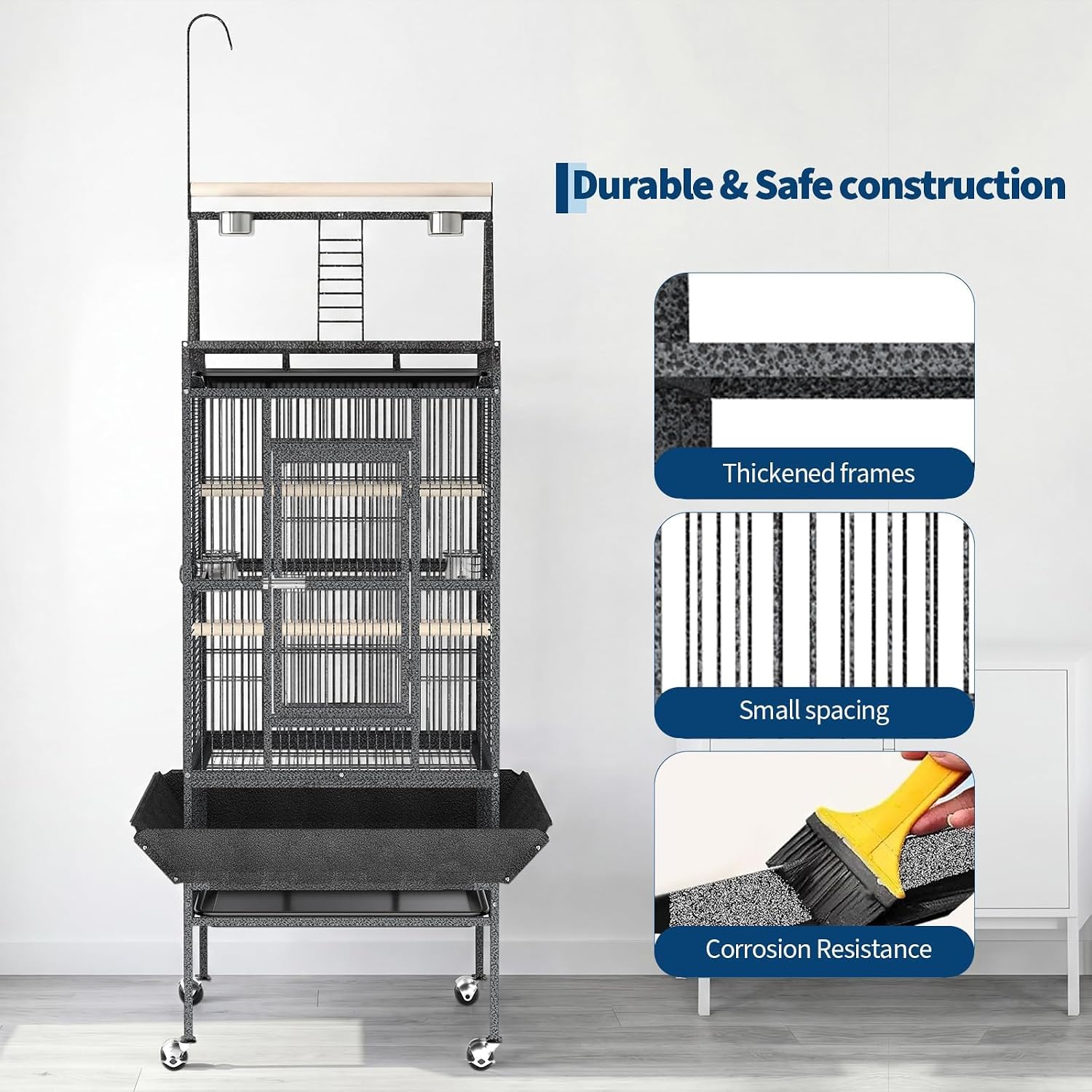 Extra Large 82" Parrot Cage with Play Top – Heavy Duty Wrought Iron Aviary, Rolling Stand, Secure Lock, Easy-Clean