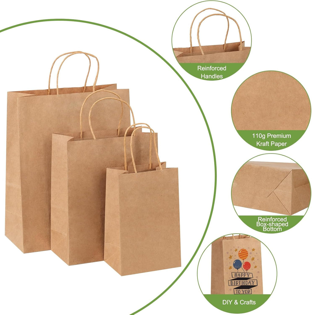 120pcs Paper Bags with Handles Assorted Sizes Kraft Brown Bags