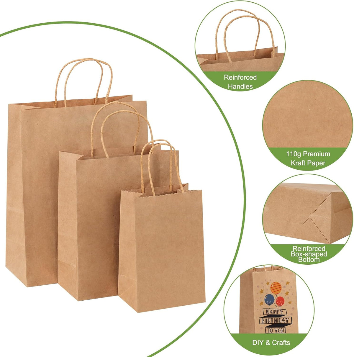 120pcs Paper Bags with Handles Assorted Sizes Kraft Brown Bags