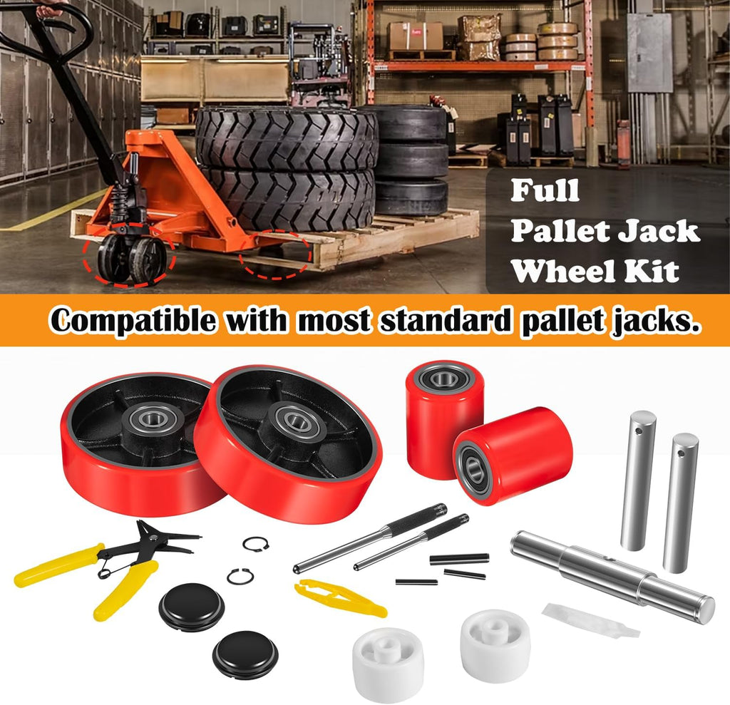 Pallet Jack/Truck Full Wheel Replacement Kit, Pair Steering Wheels (7"x 2"), Pair Front Load Roller(3" x 3.75"), with
