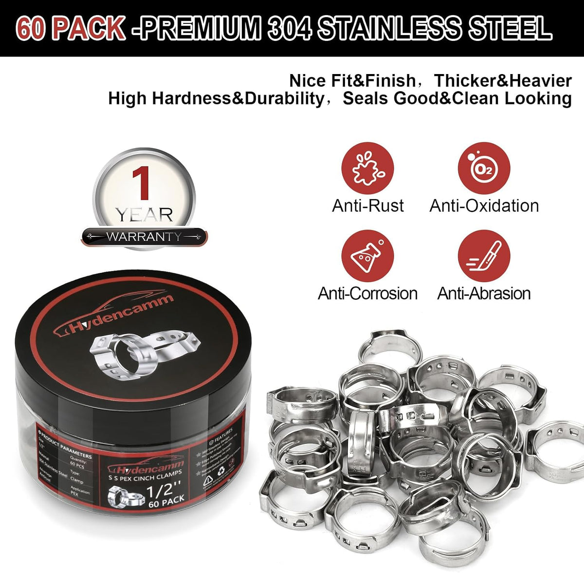 60 Pack 1/2 Inch PEX Cinch Clamps, 304 Stainless Steel