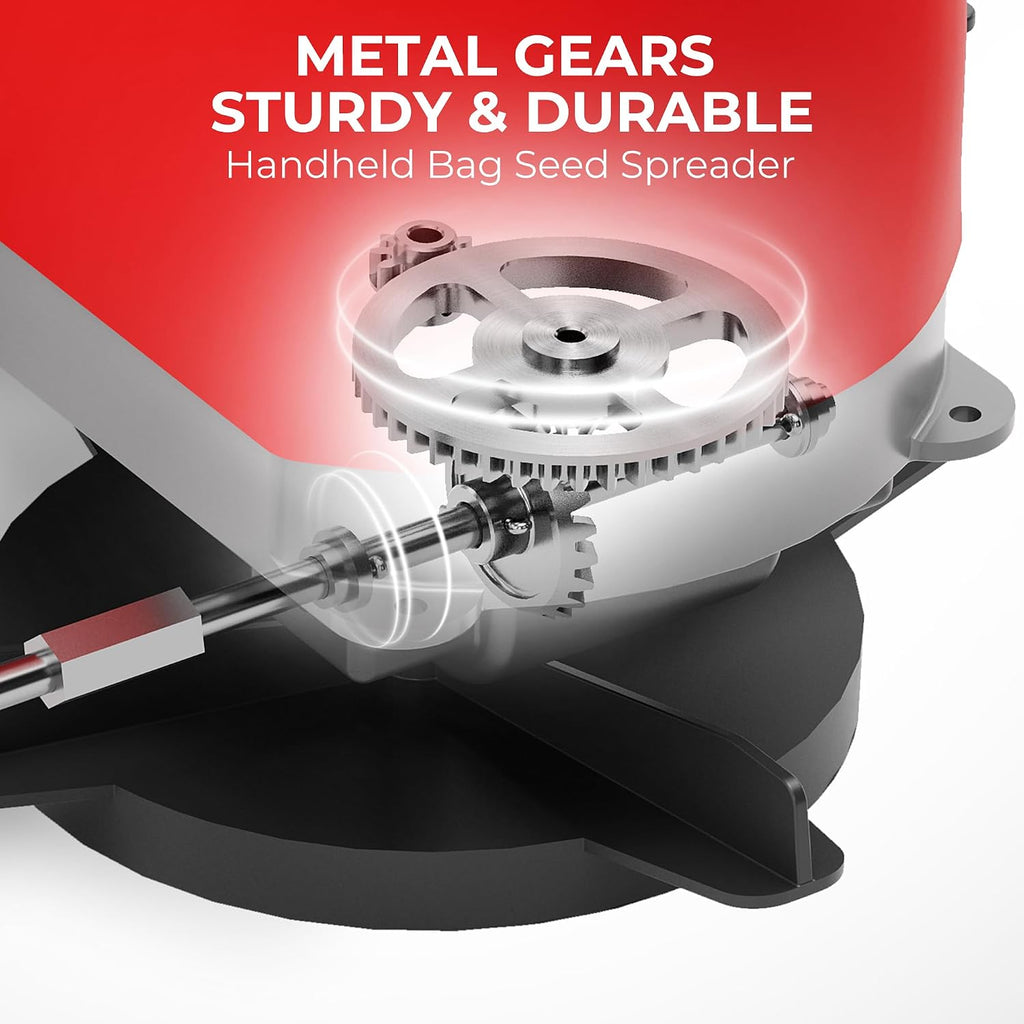 25lb Handheld Bag Seed Spreader with Enclosed Metal Gears, Rear Baffle, Adjustable Flow Control, Durable Oxford Bag