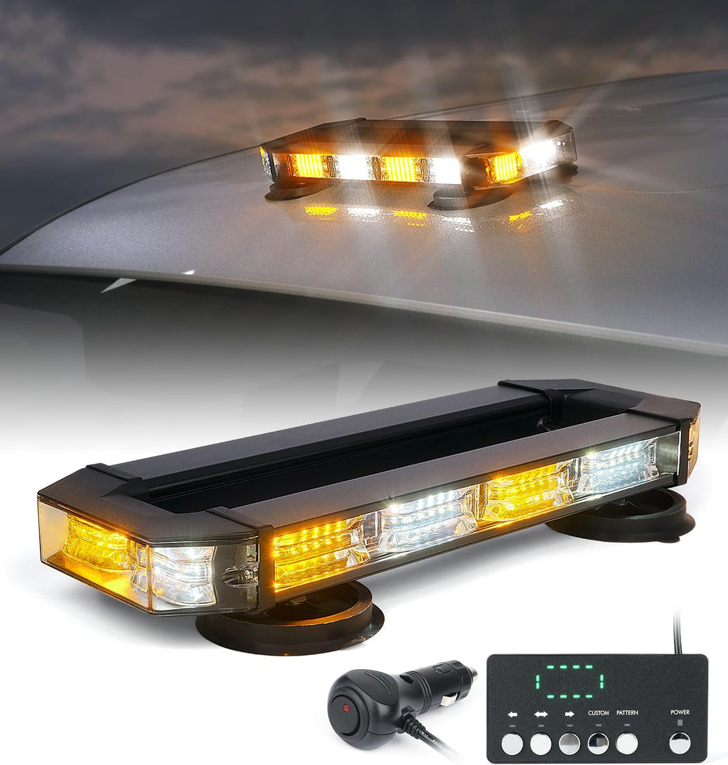 White Amber LED Rooftop Emergency Strobe Light Bar with Controller | Magnetic Mount Roof Top Warning Beacon Caution