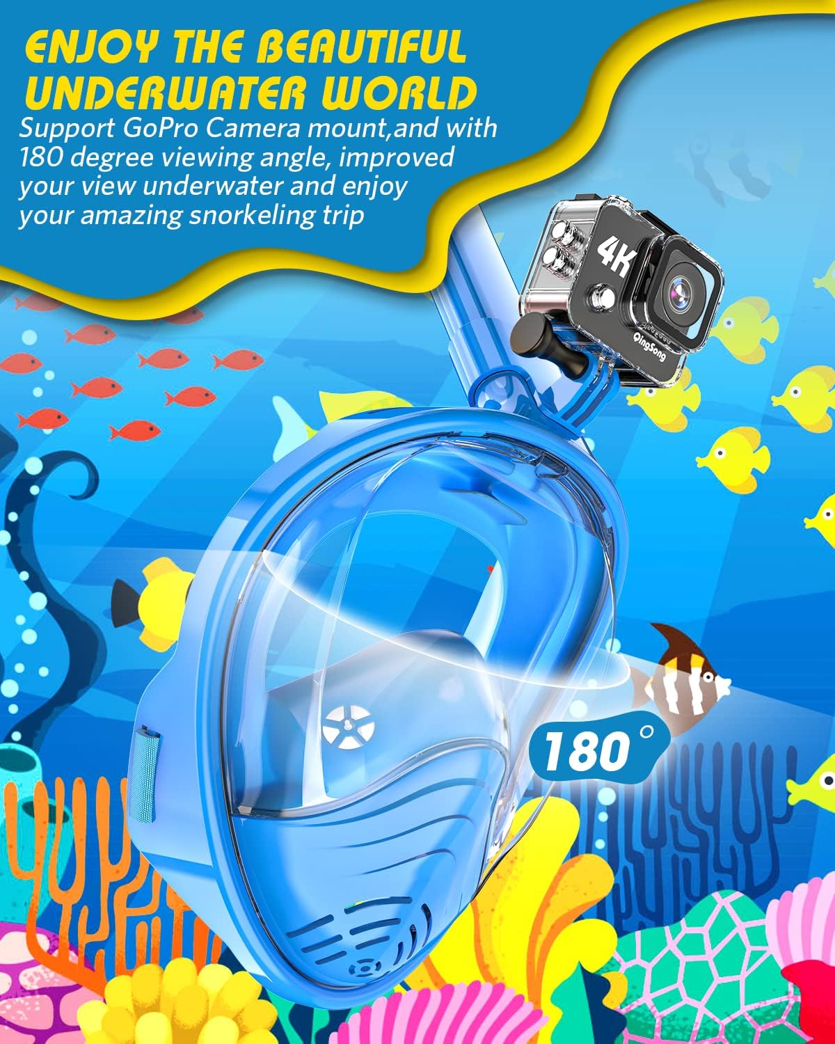 Kids Snorkel Mask Full Face, Snorkeling Set with Camera Mount, Foldable 180 Degree Panoramic View Snorkeling Gear