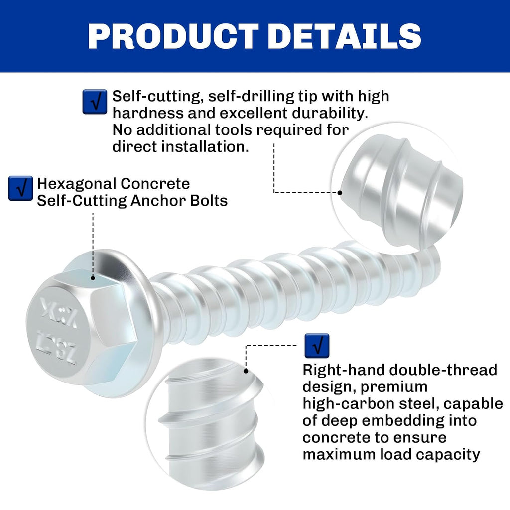 Galvanized Concrete Screws, 3/8" x 3" -20PCS Masonry Screws for Concrete, Hexagon Head Anchor Bolts for Concrete and