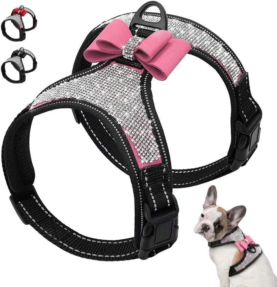 Rhinestone Dog Harness with Sparkly Bow Tie, Pink,S,Chest 11-14"
