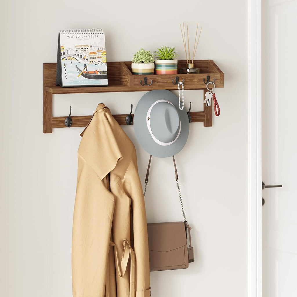 Wall Hooks with Shelf, 26.57 Inch Entryway Wood Coat Hooks for Wall with Shelf, Coat Rack Wall Mount with 5 Dual