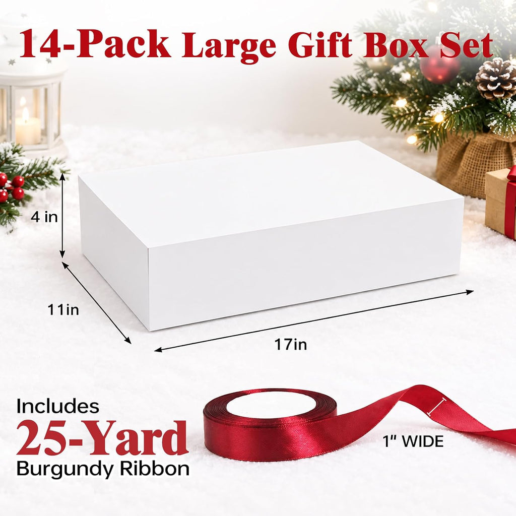 Gift Boxes with Lids for Presents, 14-Pack 17x11x4 Shirt Boxes with Ribbon