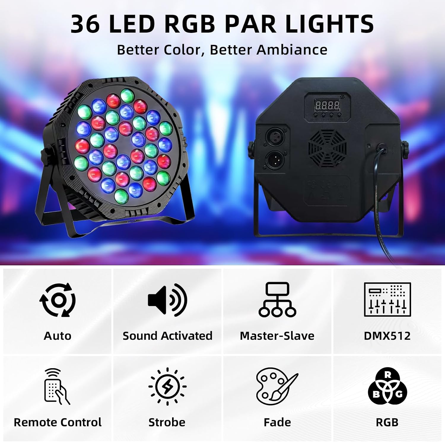 2-Pack LED Par Lights DJ Stage Light for Parties | 36LED, RGB, 9-Mode, Sound Activated, DMX Control, Uplighting for
