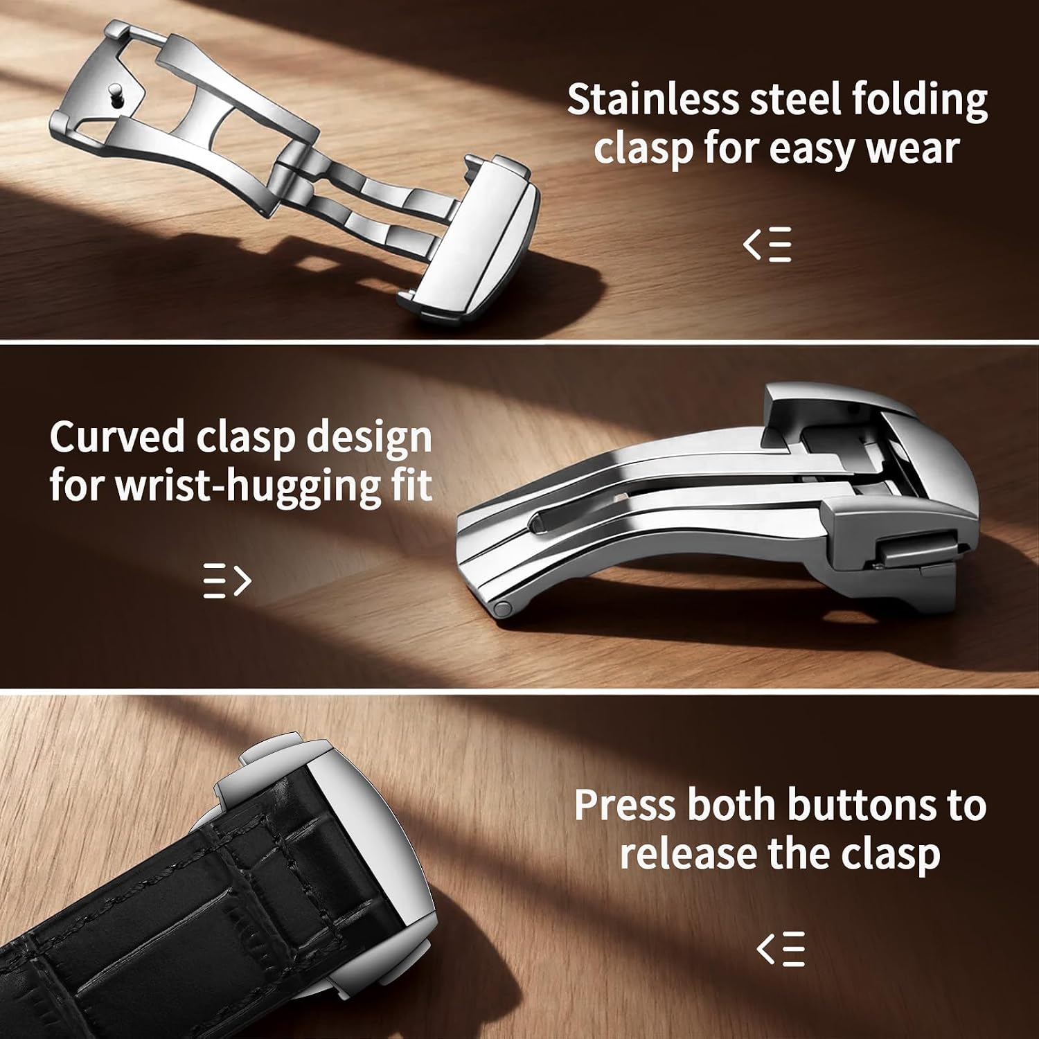 Genuine Leather Watch Strap Deployment Clasp, 22mm Leather Watch Band for Men Women, Soft Ultrathin Classic