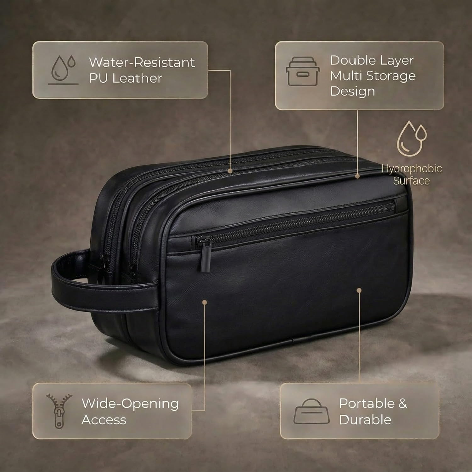Men’s Toiletry Bag Travel Dopp Kit – double-deck PU Leather Water-Resistant Shaving Organizer Large Capacity, Double