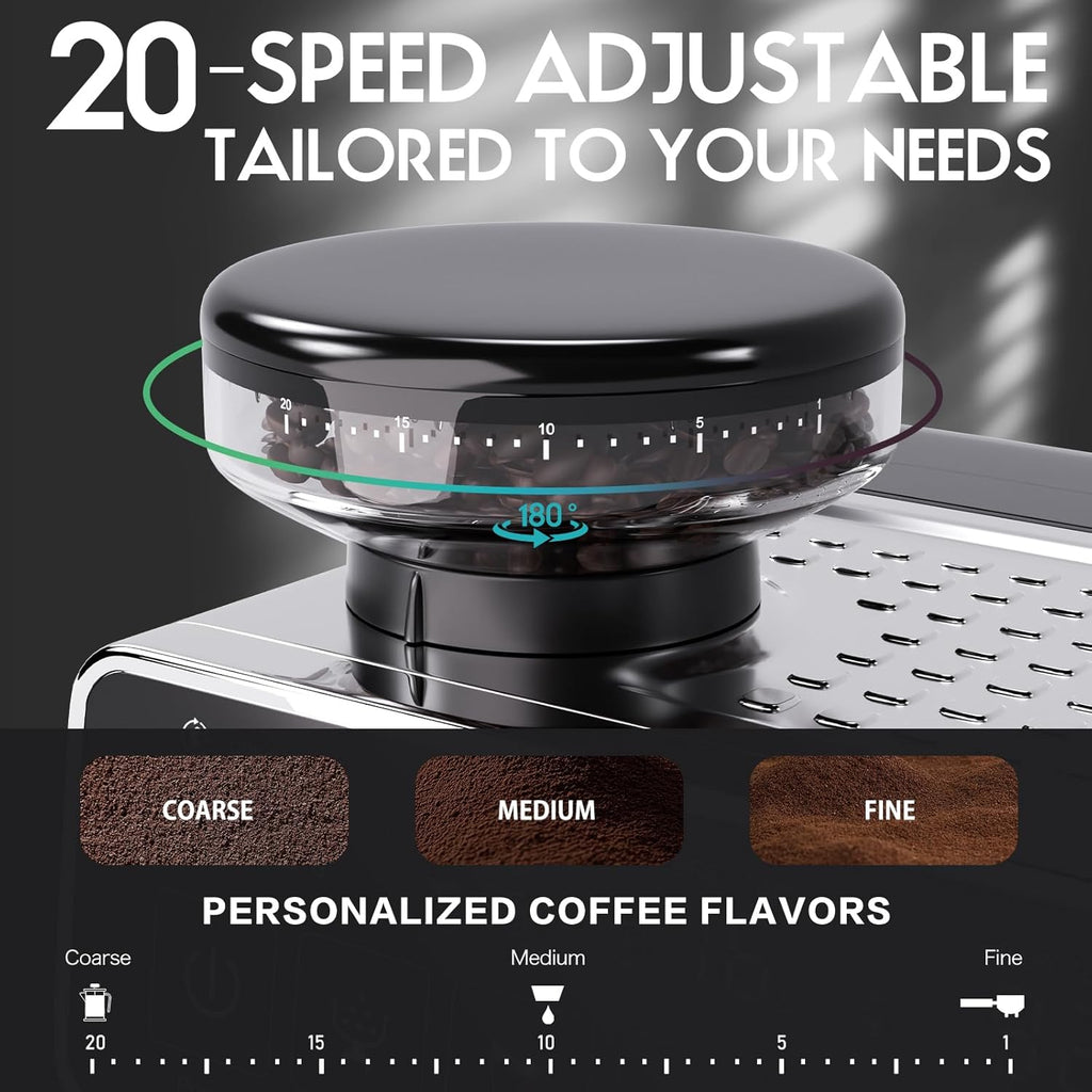 Espresso Machine with Grinder, 20 Bar Professional Coffee Machine, All-in-One Stainless Steel Coffee Maker with Milk