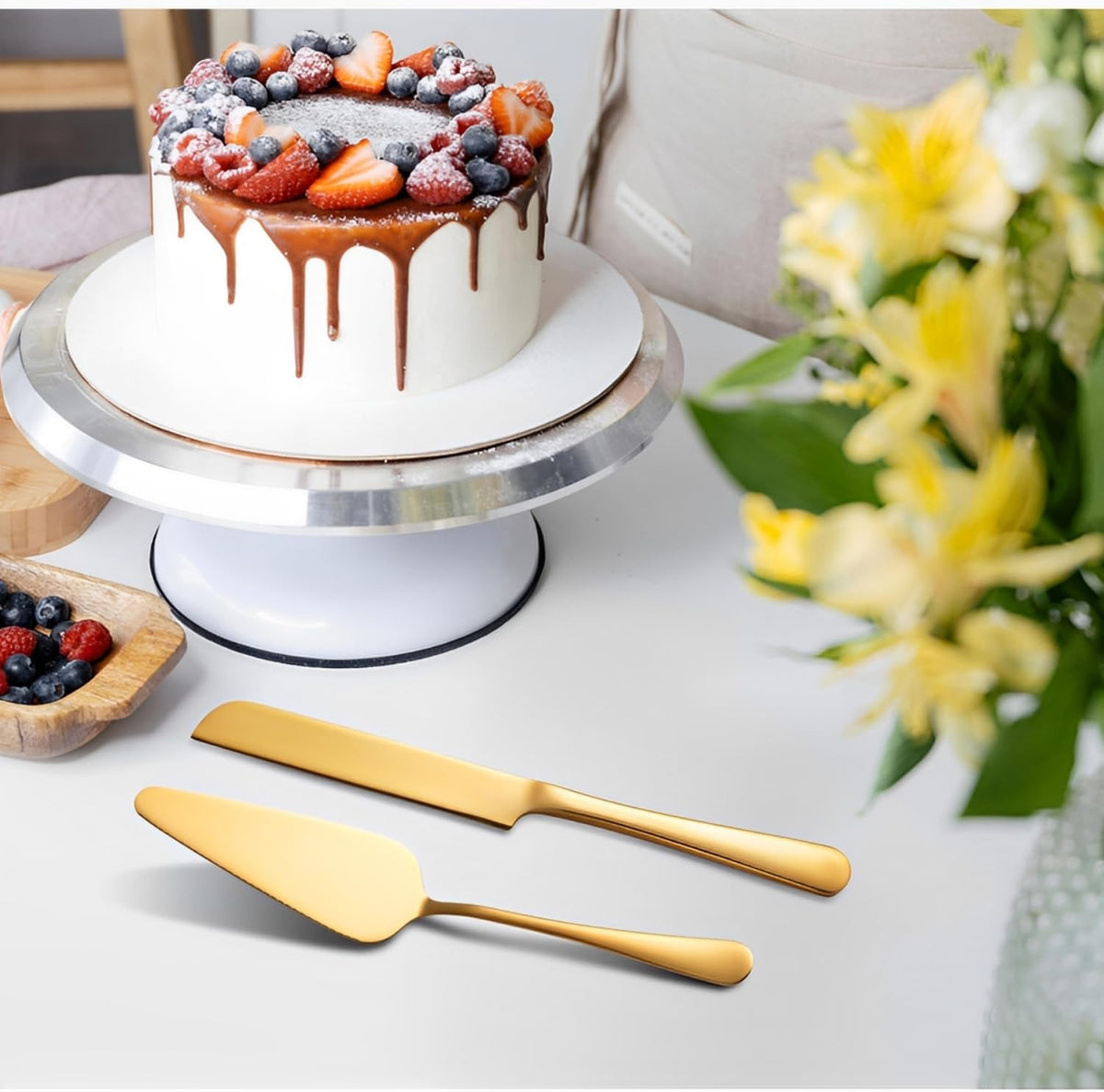 2-Piece Stainless Steel Cake Knife And Server Set, Gift Box (Gold)