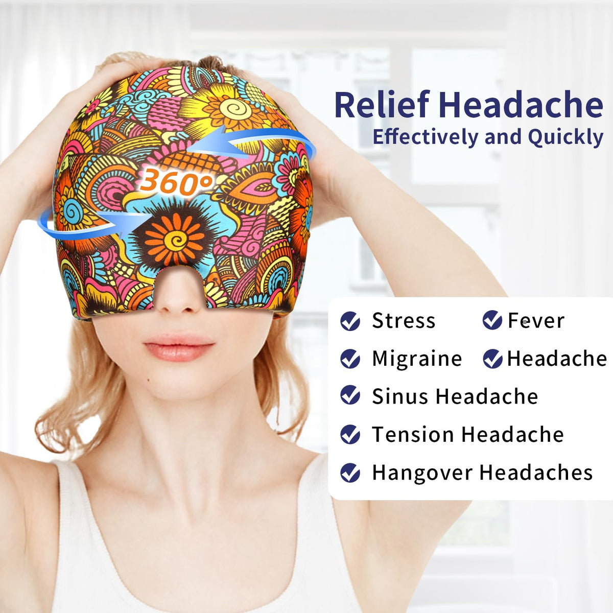 Migraine Headache Relief Cap Hat Full Head ice Pack Wrap Cold Cap