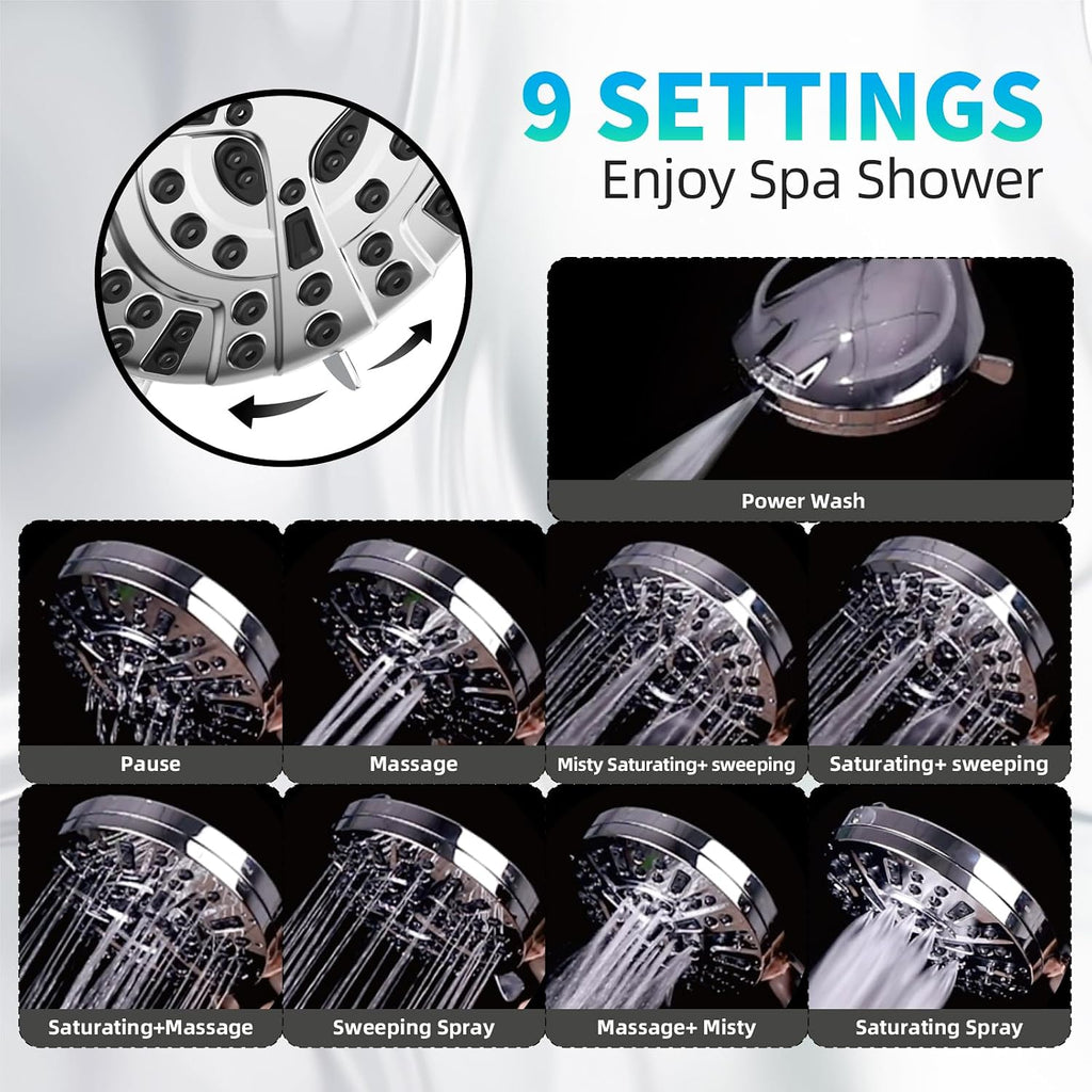 9 Functions High Pressure Shower Head with Handheld,Built-in Pause Mode&Power Wash,Non-Clogging Nozzles,6ft Hose&Bracket