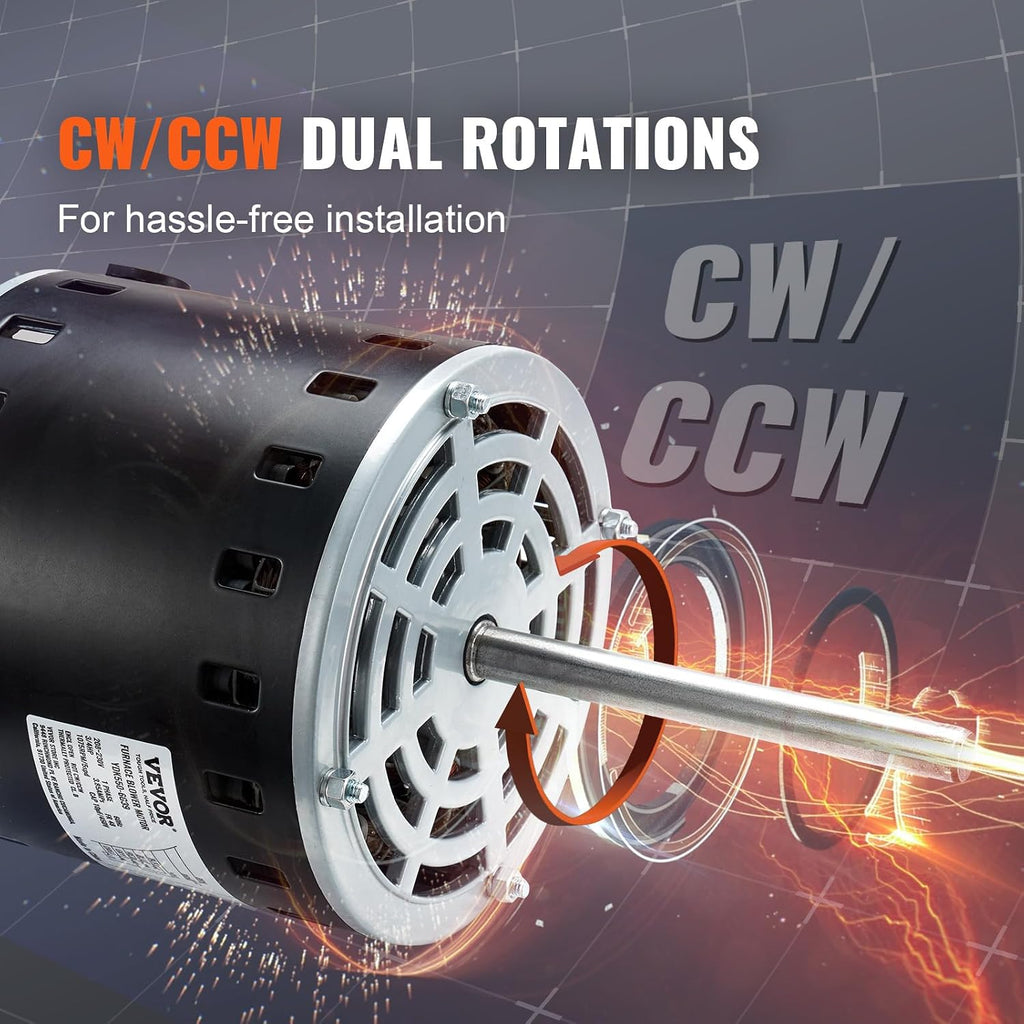 VEVOR 3/4HP Furnace Blower Motor, 208/230V 3.85Amps, 1075RPM 5 Speeds, CW/CCW Rotation, 48 Frame 4.8" Shaft Length, 10μF/450V Capacitor + 11" Hold Hoop