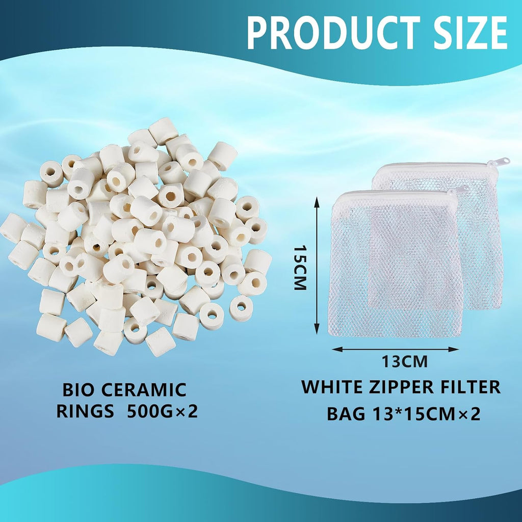 4 Pack Aquarium Bio Ceramic Rings Set, Compatible with Fluval Filter Media, Each 1.1 lb, 2 Ceramic Rings with 2 Mesh