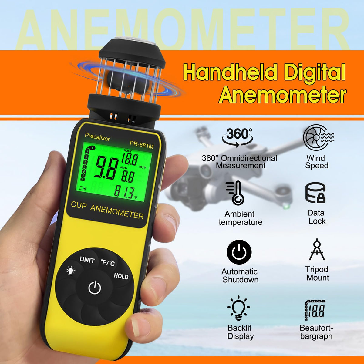 93Mph Wind Cup Anemometer HVAC Handheld Wind Speed Meter Air Flow Meter