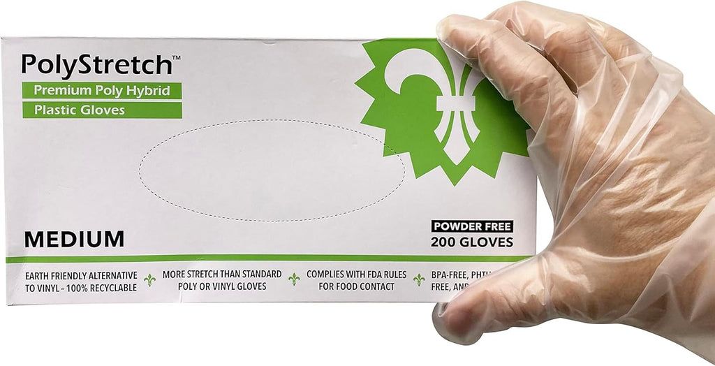 2000 Count PolyStretch TPE Poly Hybrid Disposable Gloves, Powder-Free, Vinyl Glove Substitute, Size Medium - 10 Boxes