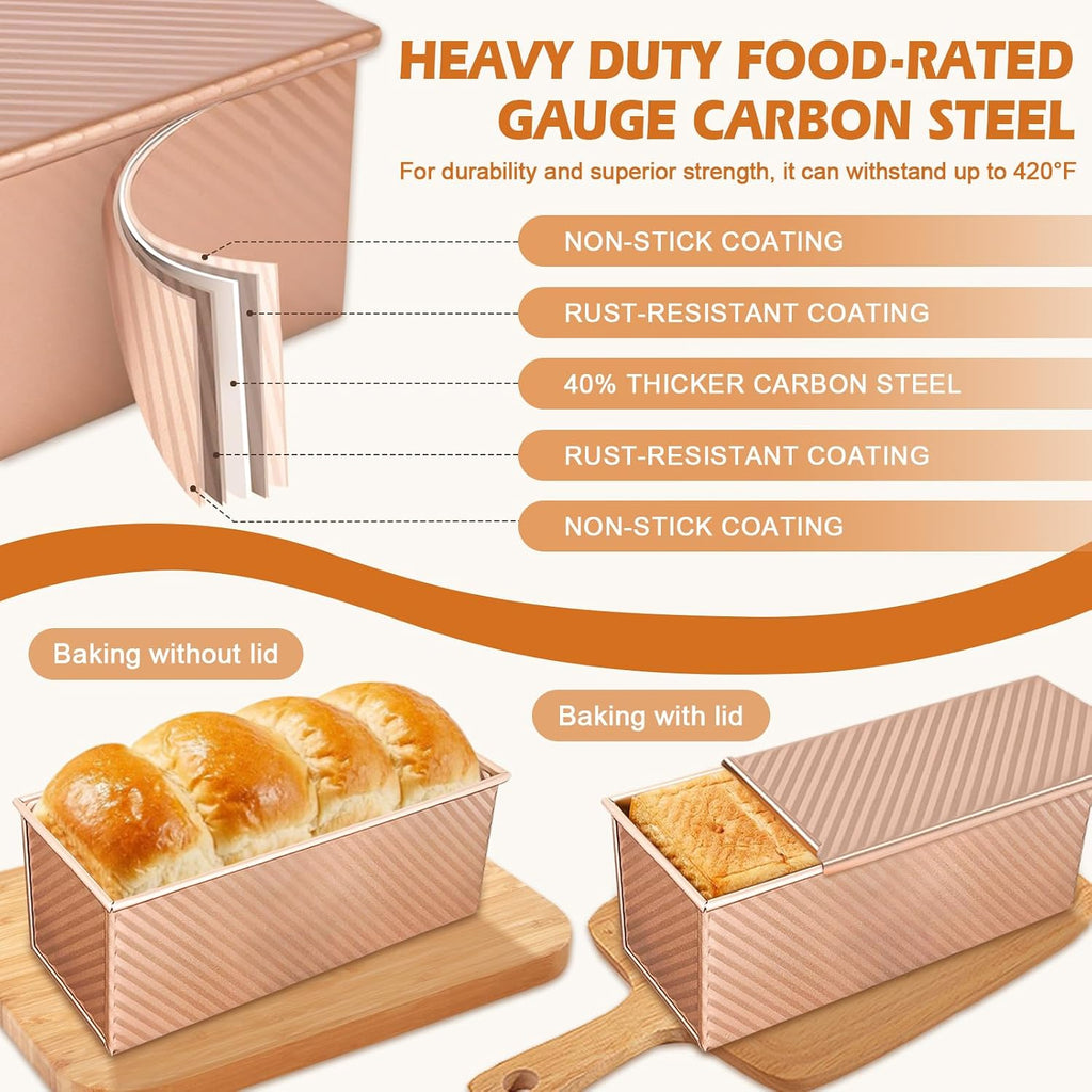 Pullman Loaf Pan with Lid, 2 Pack 2.2 LB & 1 LB Dough Capacity, Non-Stick Carbon Steel Bread Pan for Sandwich Bread