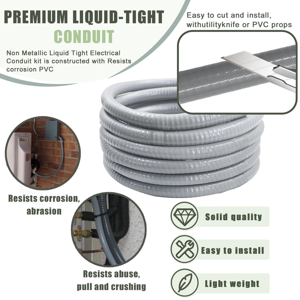 Feotech Liquid-Tight Conduit and Connector Kit - 1/2 Inch 15 FT Non Metallic Liquid Tight Electrical Conduit with 2 Straight and 2 Angle Fittings