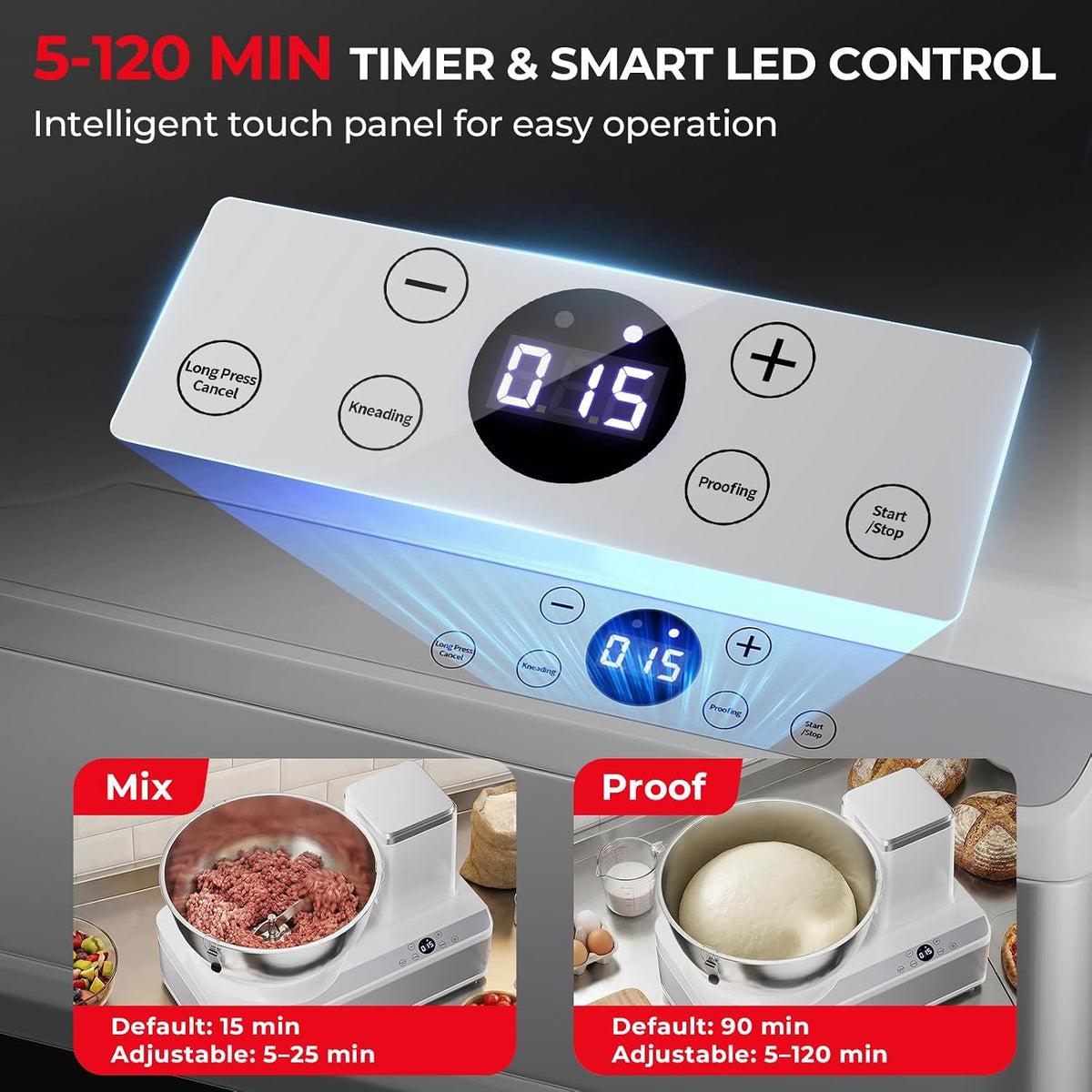 Commercial Dough Mixer, 13.8QT Electric Dough Maker with LED Display Timer Ferment Function, Countertop Bread Mixer