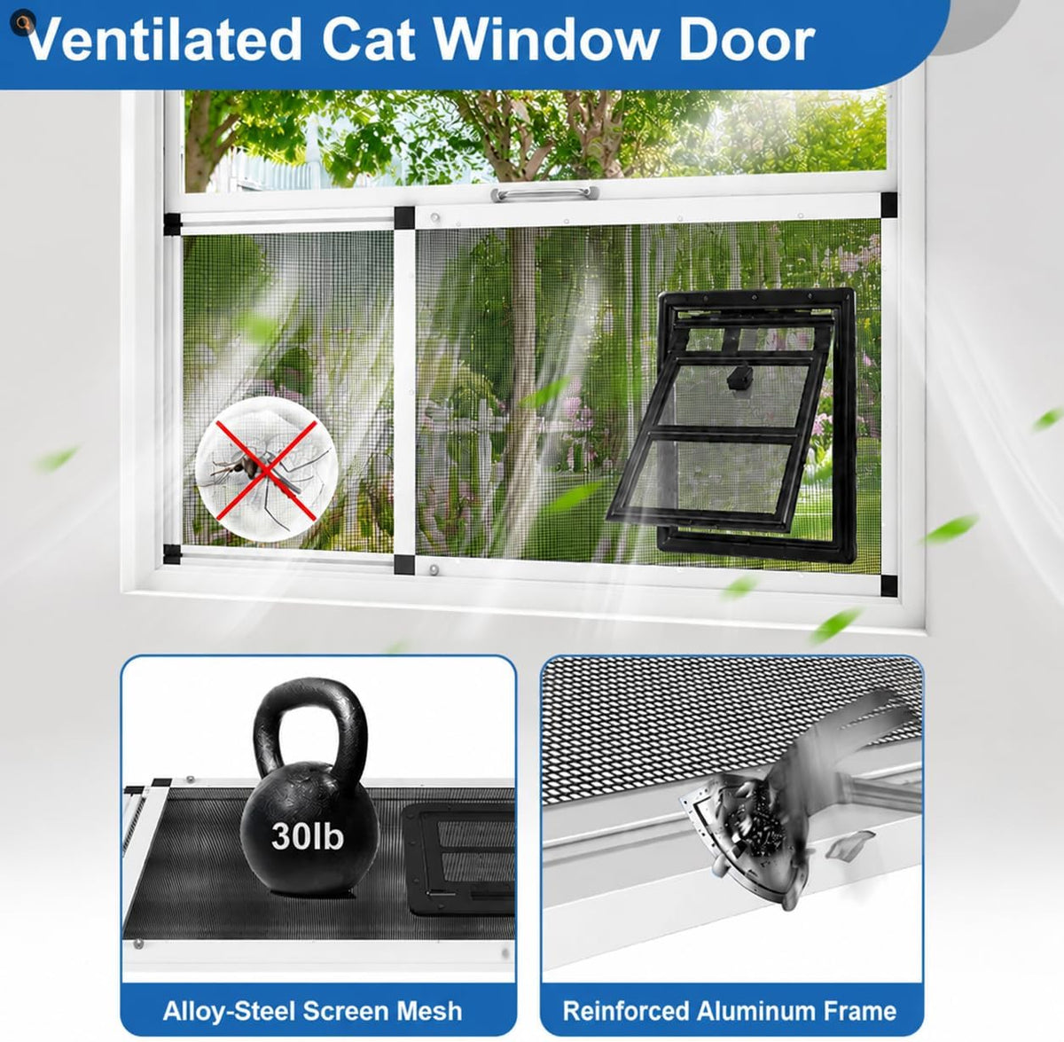 Bug-Proof Screen Cat Door for Window,Fits 28'' - 32'' Adjust Width Window