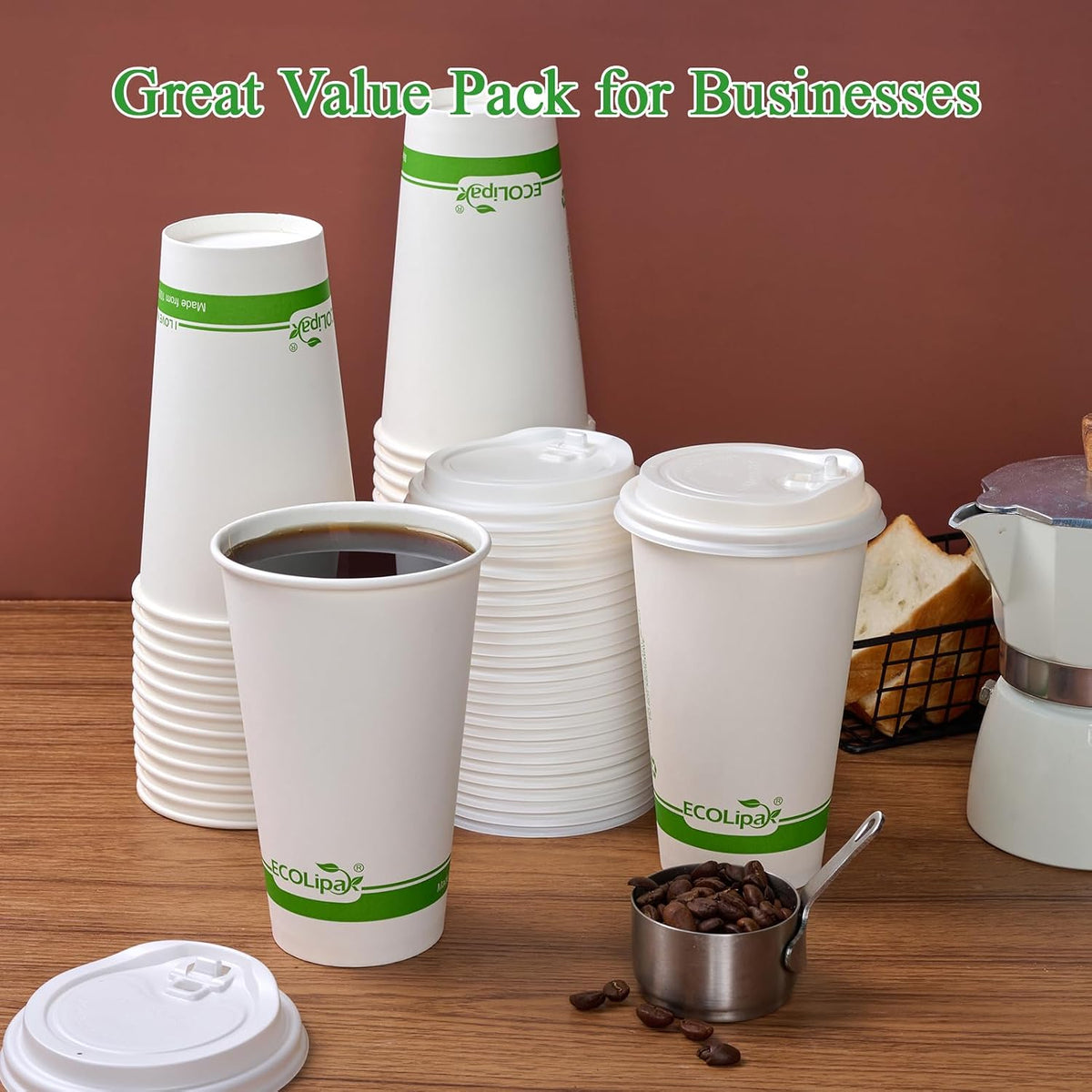 100 Count 16 oz Compostable Paper Coffee Cups with CPLA Lid