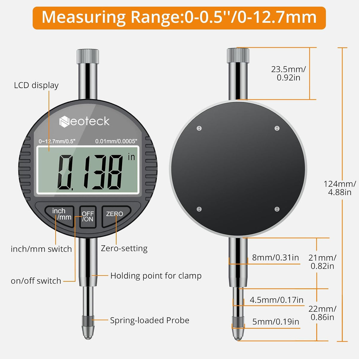 Neoteck Digital Dial Bore Gauge, 0.24-0.4" Internal Cylinder Measuring Tool