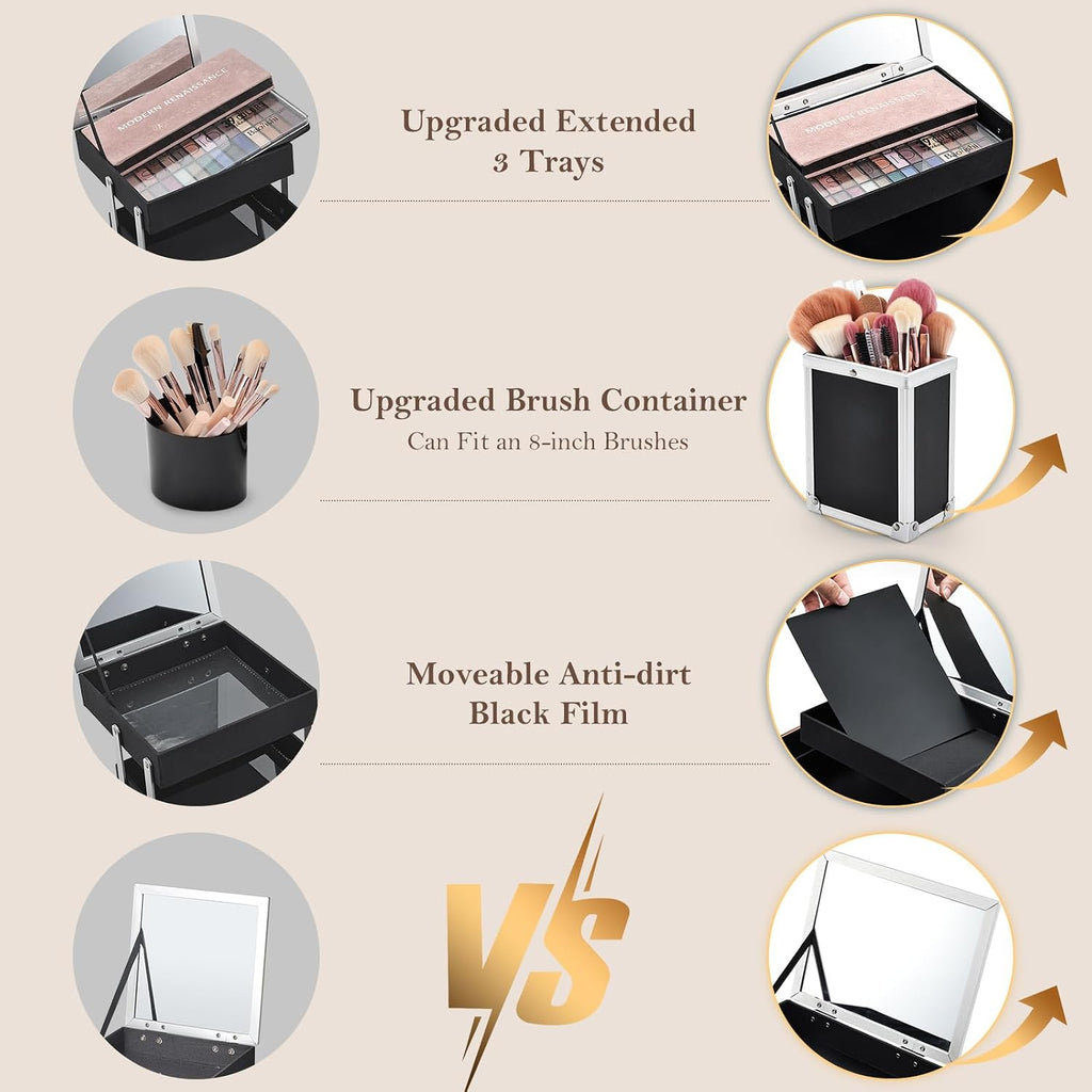 Makeup Case 11.8 Inch Makeup Organizer Case Large Cosmetic Box with Mirror Portable 3 Trays Travel Storage Box for