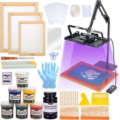 54 PCS All-In-One Screen Printing Kit with 100W LED UV Exposure Light, 3 Sizes Wood Screen Printing Frames, 6 Colors