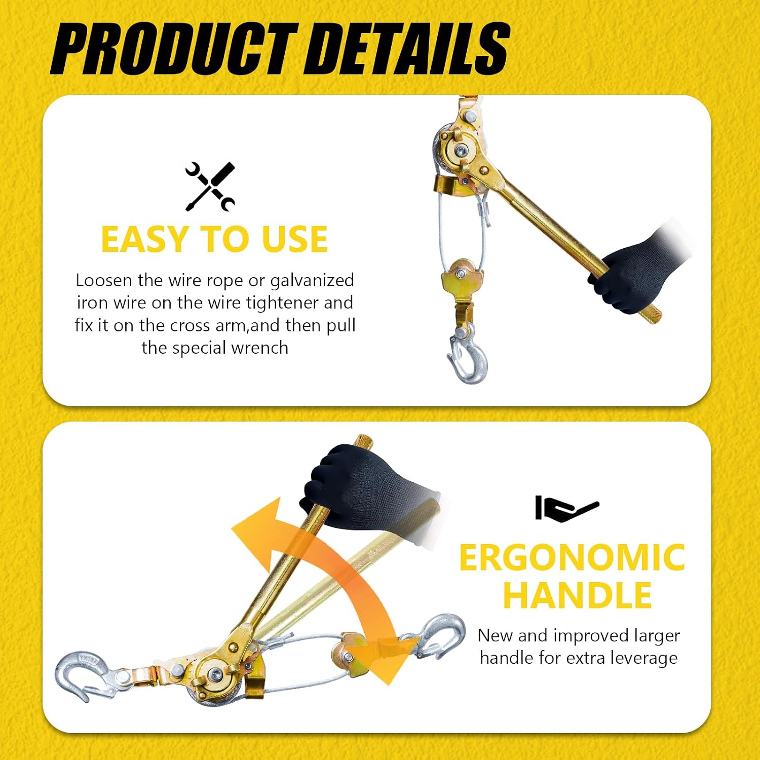 Come Along Winch Puller 3T 10FT, Cable Hoist Winch Puller with 2 Hooks, Come Along Tool Heavy Duty, Ratchet Puller