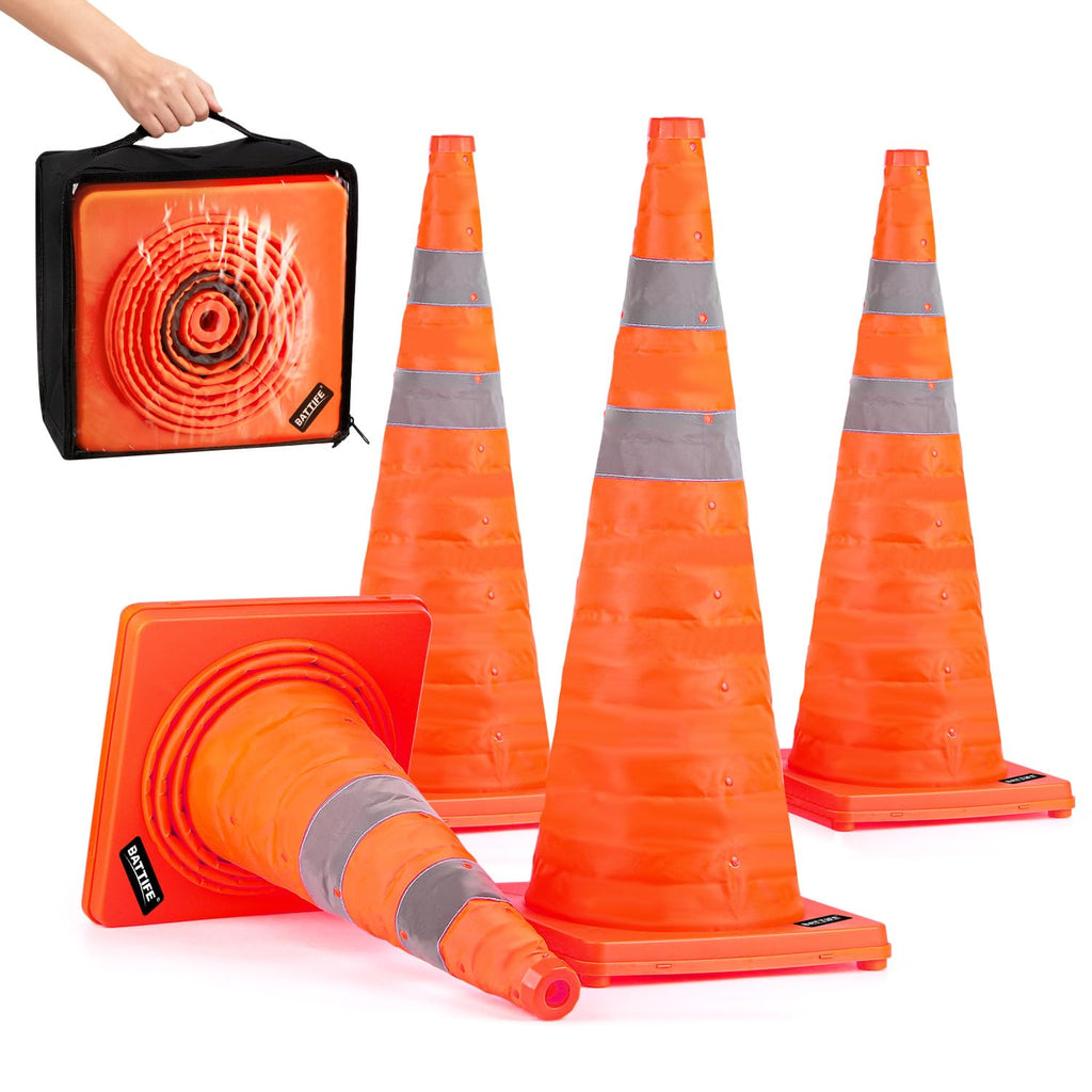 4 Pack 28 Inch Collapsible Traffic Cones, Orange Safety Cones | Collapsible 28-in orange cones with reflective