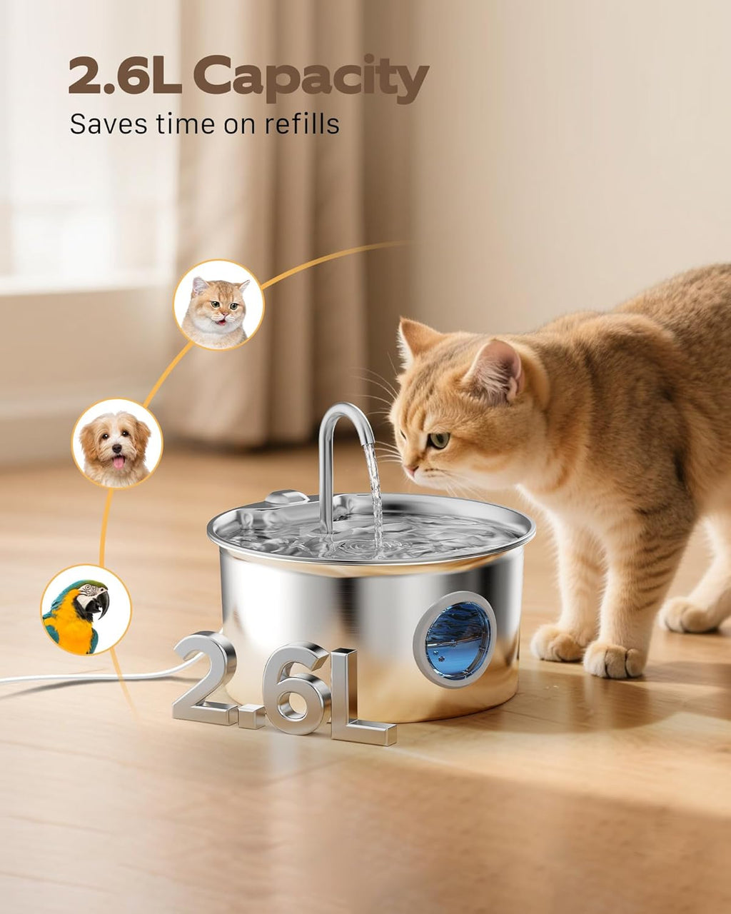 Cat Water Fountain Stainless Steel: Cat Fountain for Drinking - 88oz/2.6L Pet Water Fountain for Cats Indoor - Quiet