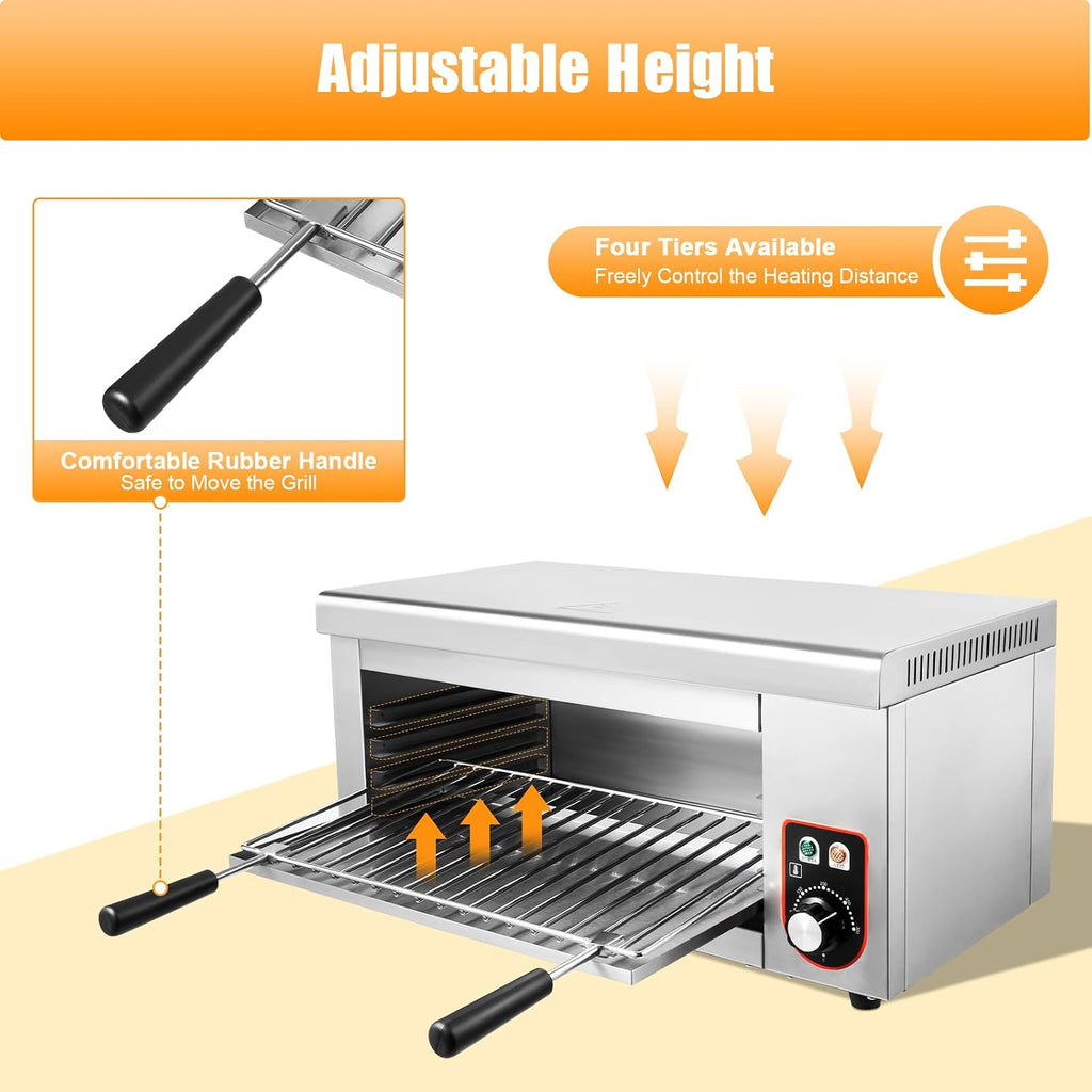 Commercial Salamander Broiler, 1500W Cheese Melter with 4 Adjustable Height