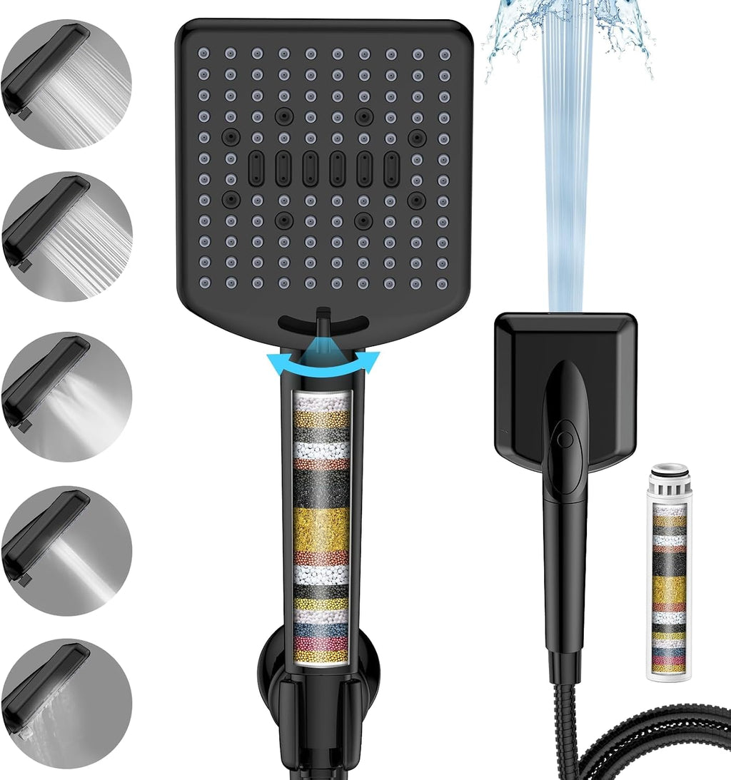 Filtered Shower Head with Handheld Matte Black - High Pressure 6 Modes, 120 Anti-clog Nozzles, Detachable Showerhead