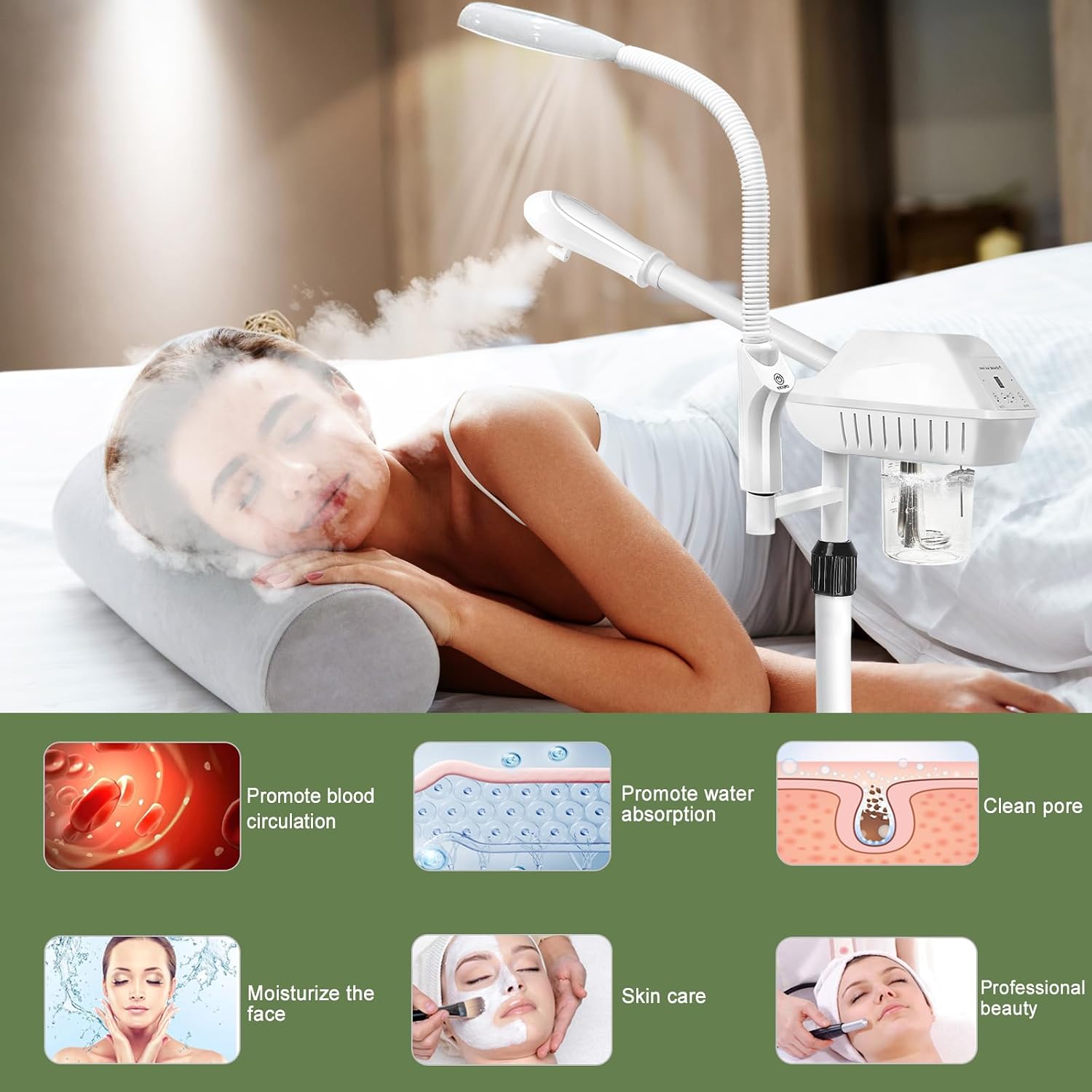 Professional Facial Steamer with 5X Magnifying Lamp,White | Ozone face steamer on wheels,deep cleansing and hydration