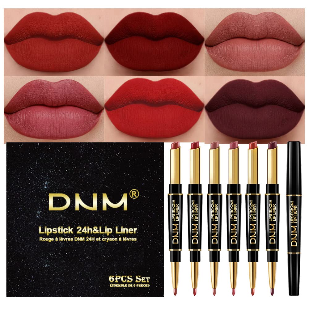6Pcs Red Lip Liner and Lipstick Lip Stain Crayon Gift Set for Women Dark Deep Red Nude Long Lasting 24 Hour Matte
