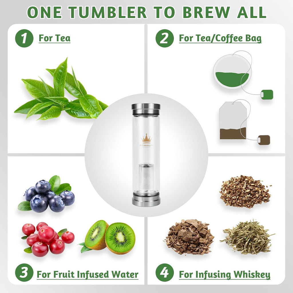 Tea Infuser Bottle for Loose Leaf Teas, 400 ml / 13.5 fl oz | Double Wall Glass Tea Bottle with Infuser, Insulated