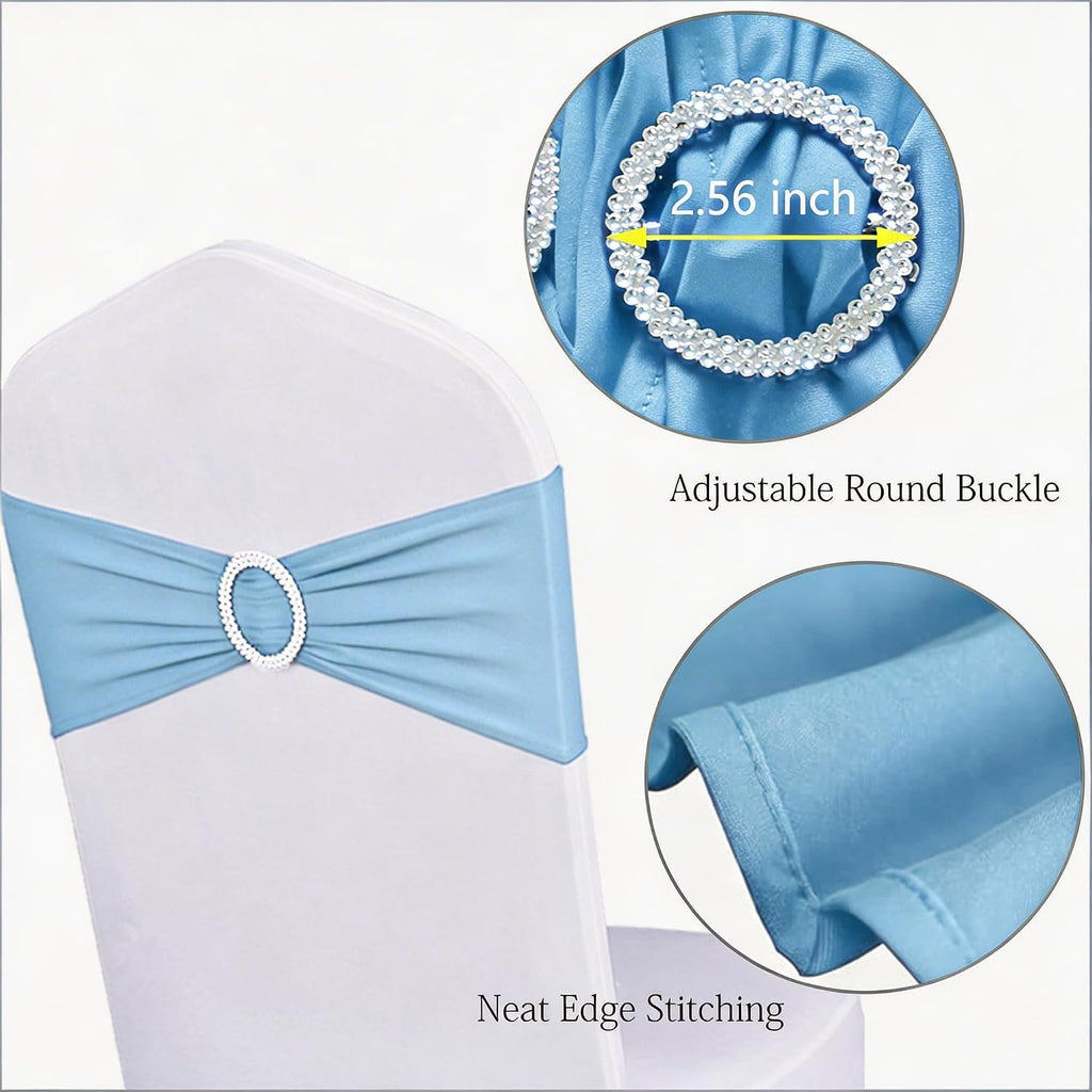Pack of 50 Stretch Baby Blue Chair Sashes for Wedding, Elastic Chair Bands with Buckle Slider, Spandex Chairs Bows