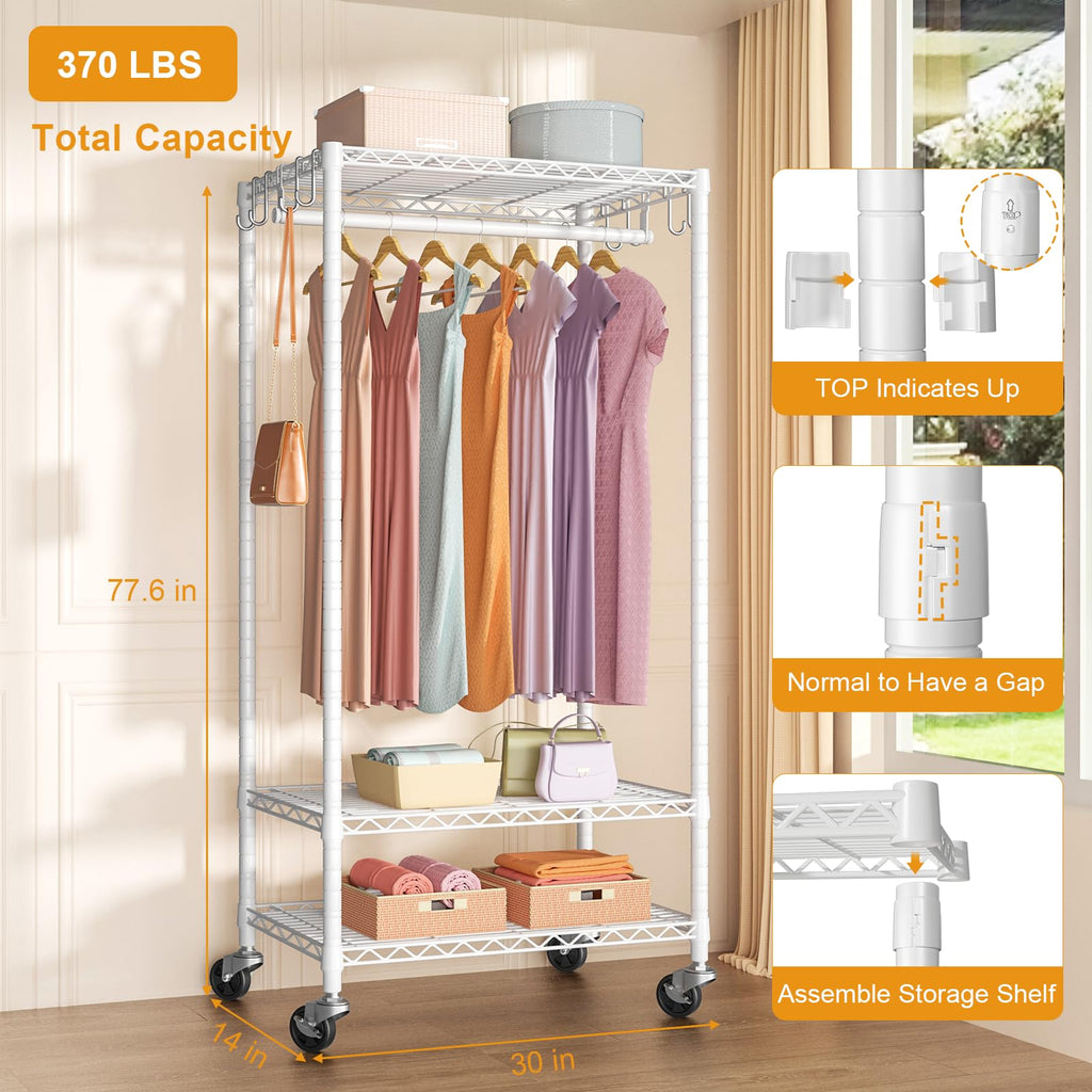 Rolling Clothes Rack, Clothing Racks for Hanging Clothes, White
