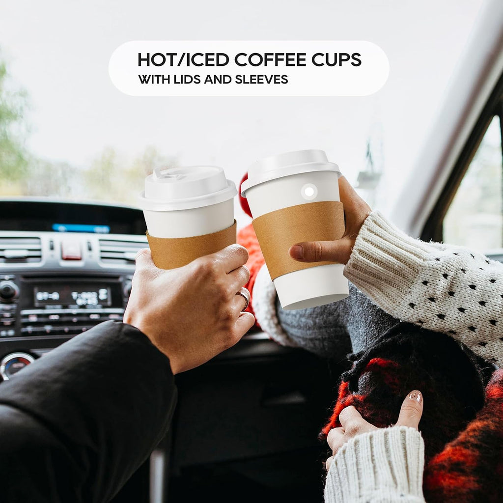 100 Pack 12 oz Disposable Paper Coffee Cups with Lids & Sleeves
