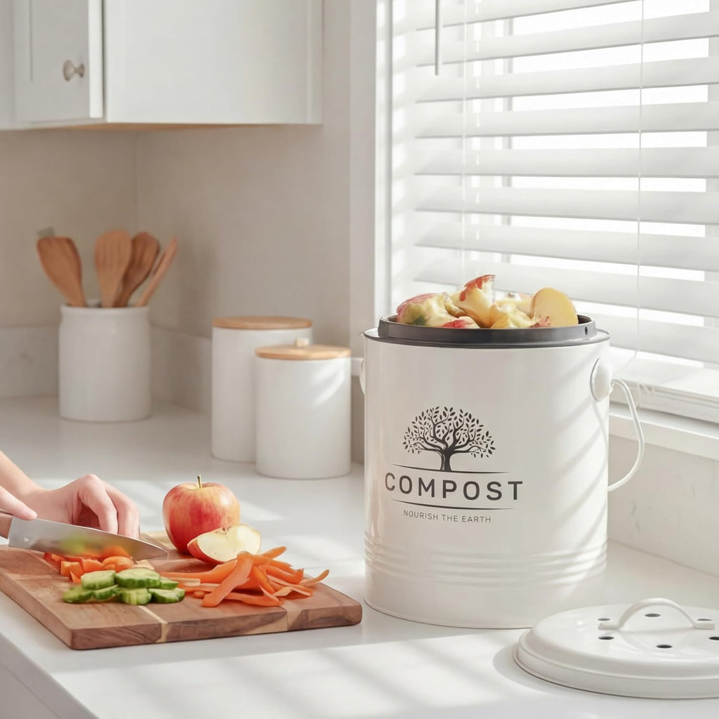 1.3 Gal Kitchen Compost Bin with Lid, Countertop Compost Caddy | Indoor compost bucket with inner bucket liner and