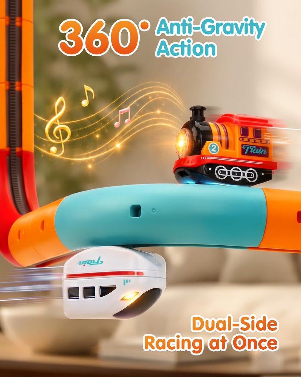 Electric Train Set for Kids Ages 4-8, Flexible Race Track - 64PCs | Dual-rail, Anti-gravity, 2 Trains with Music