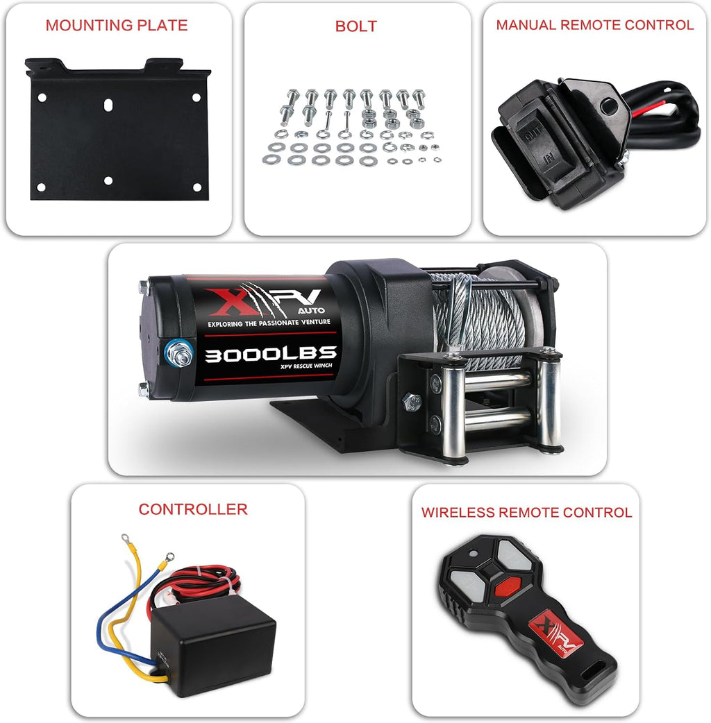 3000 lb 12V DC Electric Winch with Both Wireless Handheld Remote and Corded Control Recovery Steel Cable Waterproof